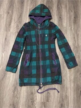 Y2K O’Neill Woman’s Plaid Purple Green Hooded Jacket Sz Medium Zip Up